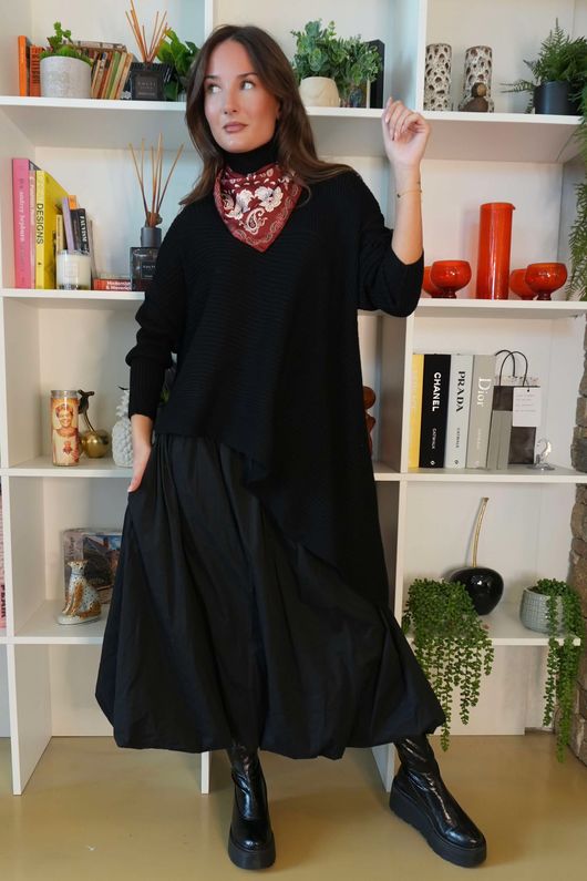 Bowie Asymmetric Turtle Neck Ribby Knit Black